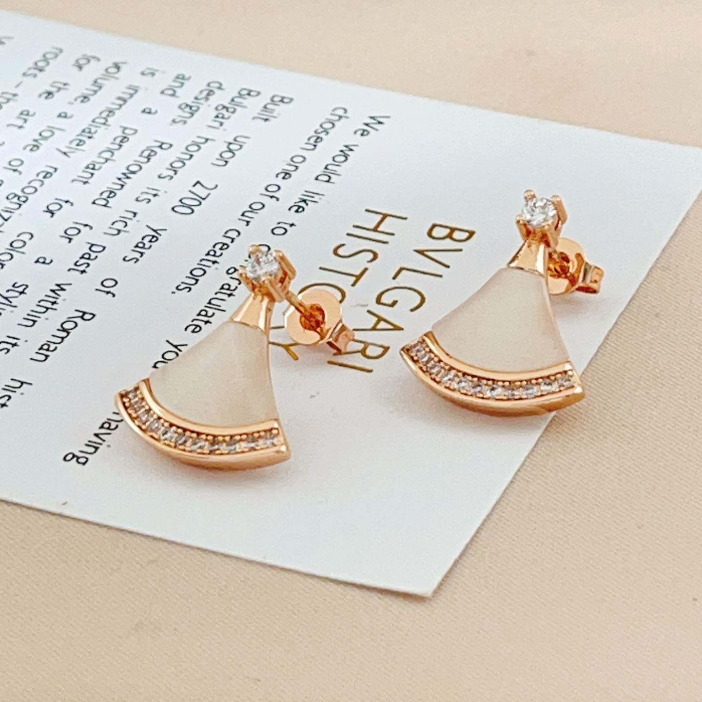 Bvlgari Divas Dream earrings Rose gold metal with white mother-of-pearl and clear diamond accents 1 6cm drop length