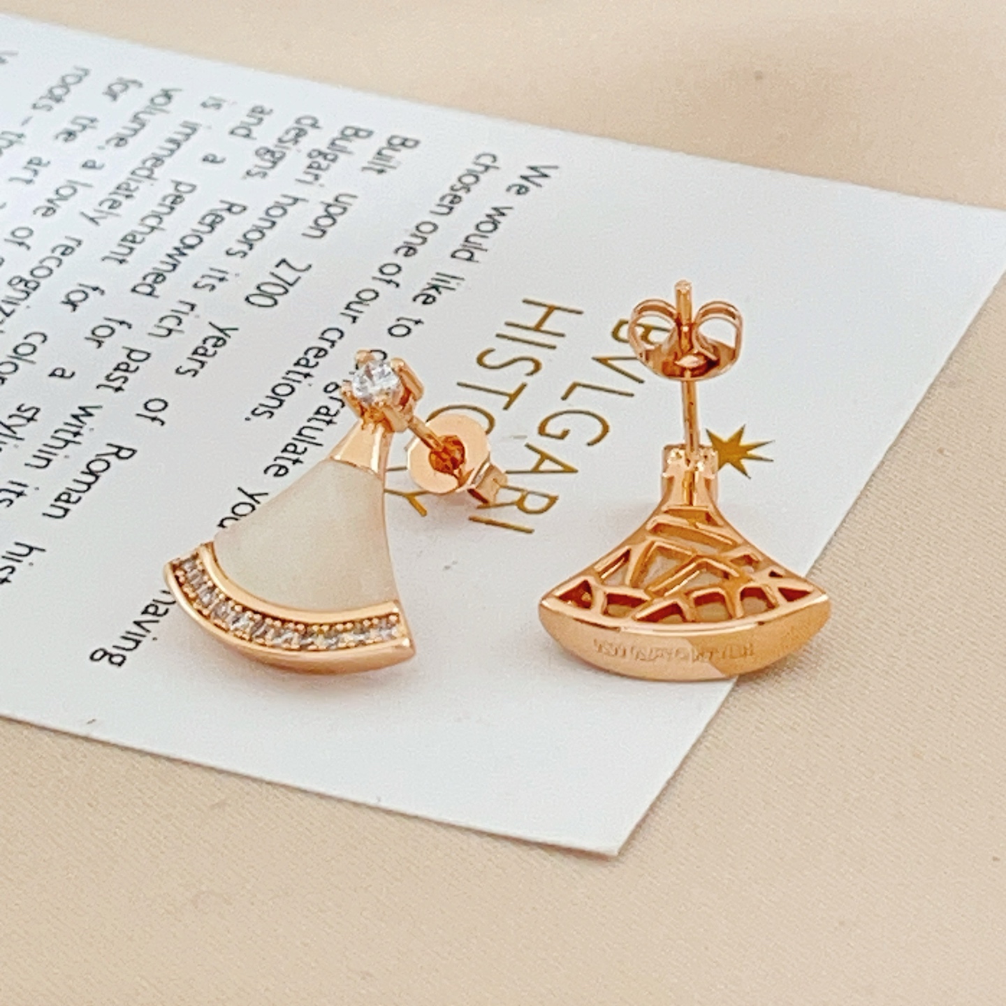 Bvlgari Divas Dream earrings Rose gold metal with white mother-of-pearl and clear diamond accents 1 6cm drop length