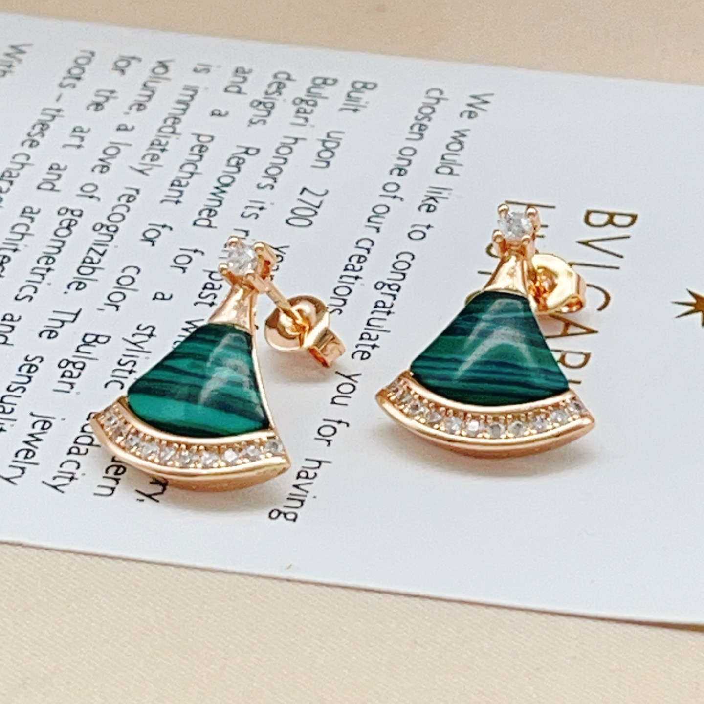Bvlgari Divas Dream earrings Rose gold with green malachite and clear diamond accents 1 6cm drop length