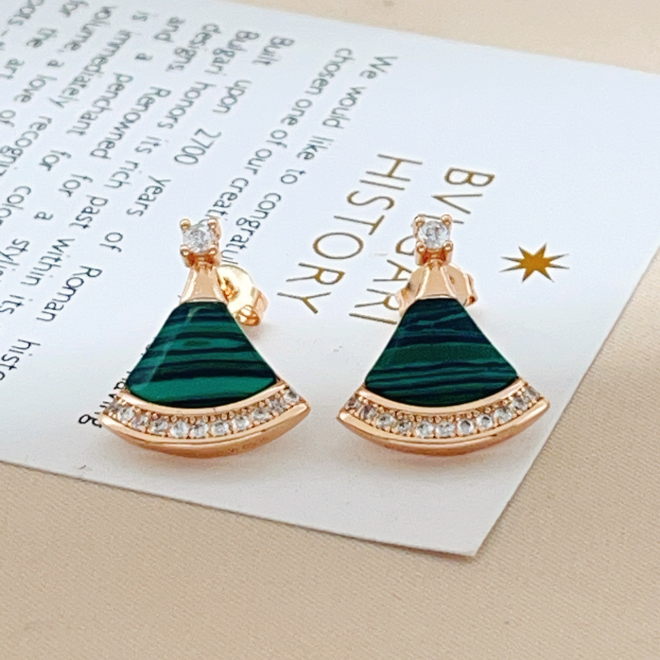 Bvlgari Divas Dream earrings Rose gold with green malachite and clear diamond accents 1 6cm drop length