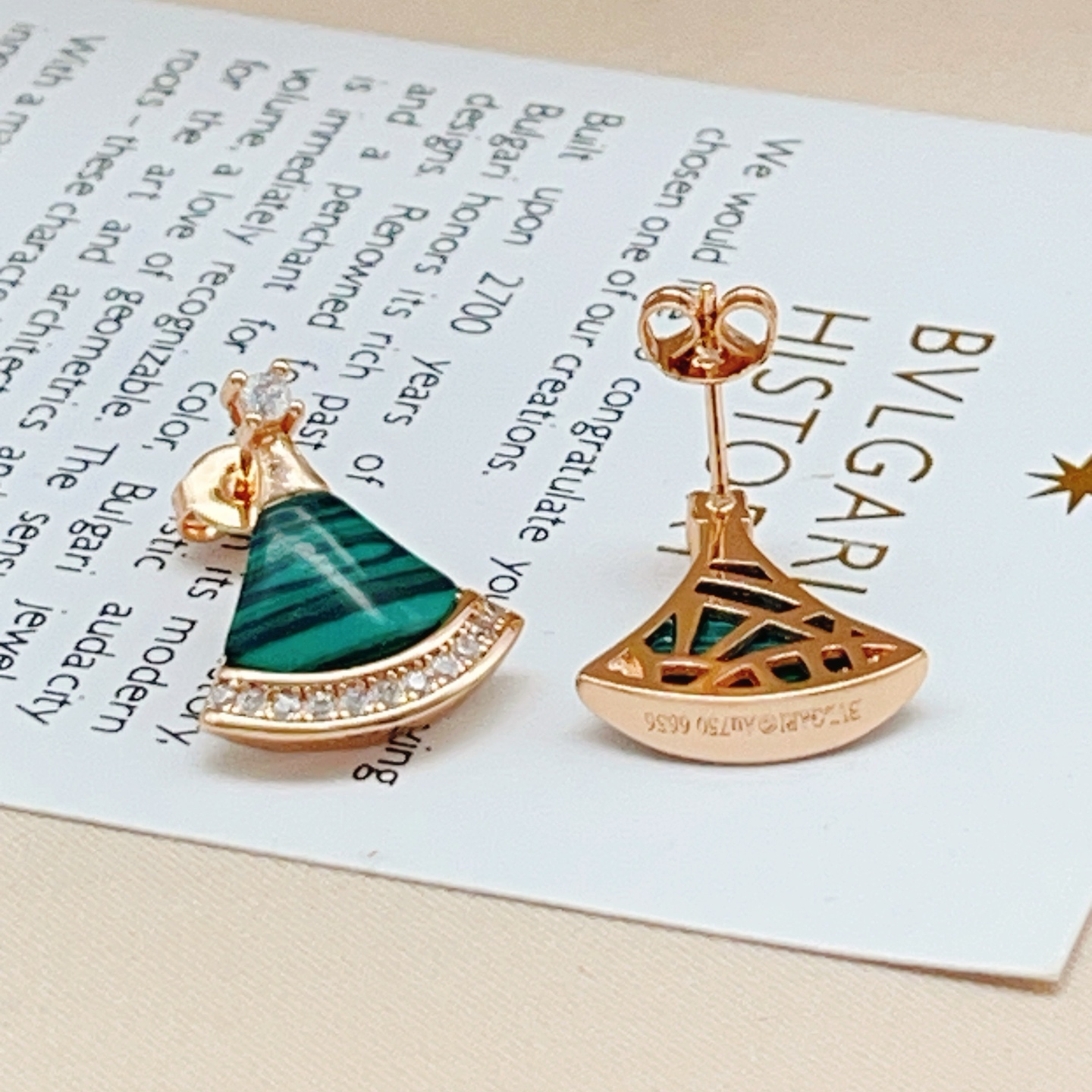 Bvlgari Divas Dream earrings Rose gold with green malachite and clear diamond accents 1 6cm drop length