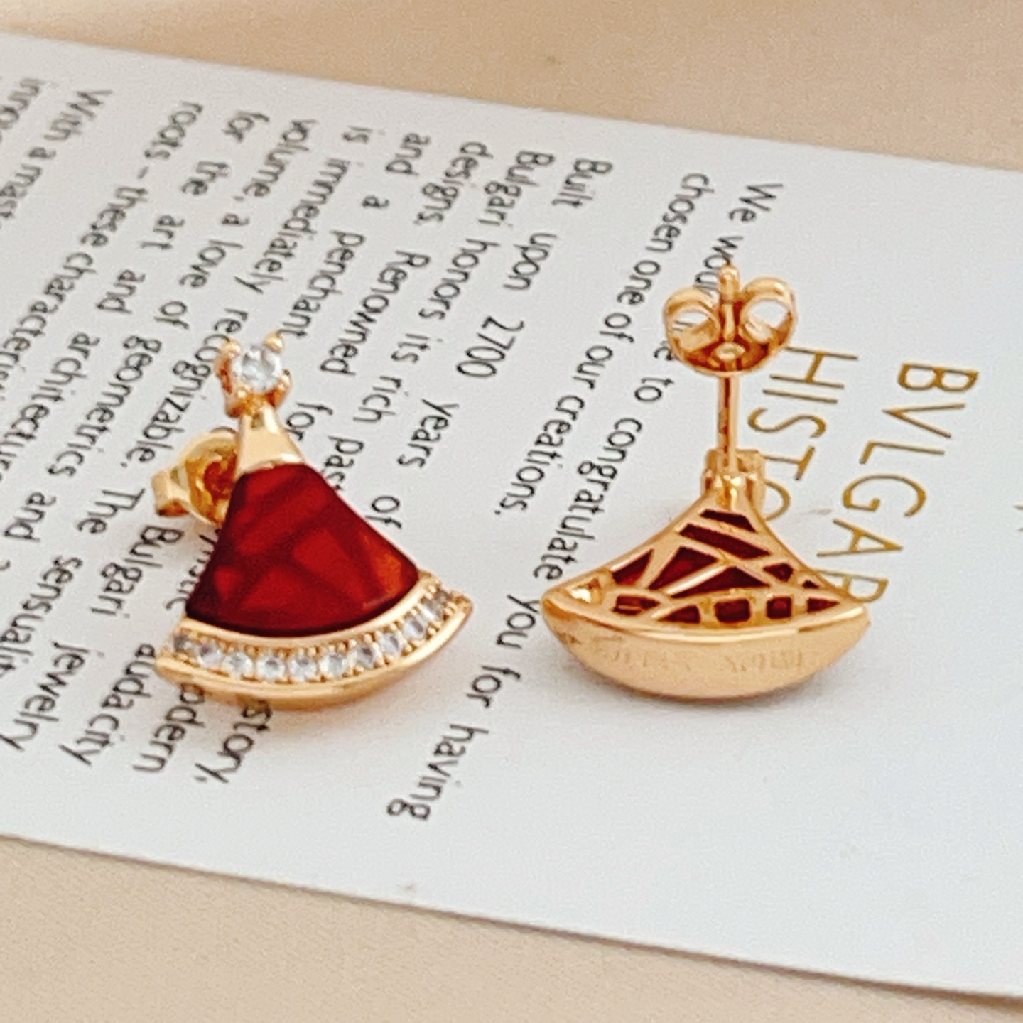 Bvlgari Divas Dream earrings rose gold metal with red carnelian and clear diamond accents 1 5cm earring length