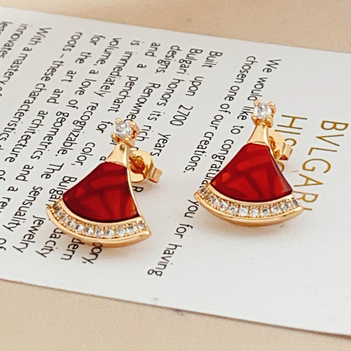Bvlgari Divas Dream earrings rose gold metal with red carnelian and clear diamond accents 1 5cm earring length