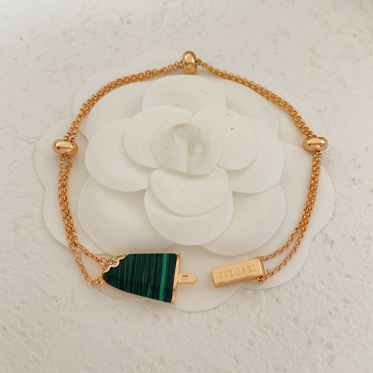 Bvlgari Gelati Popsicle bracelet Rose gold with green malachite and clear diamond accents 17-19cm adjustable