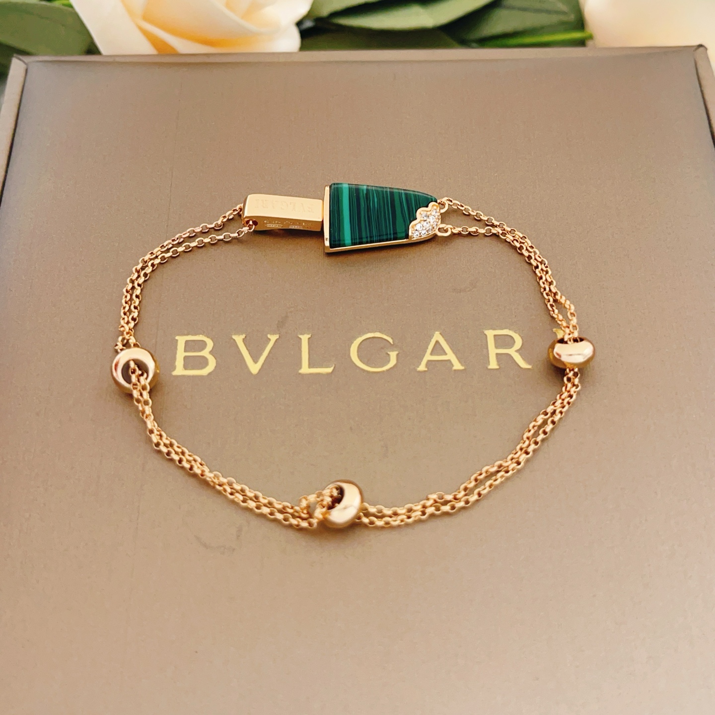 Bvlgari Gelati Popsicle bracelet Rose gold with green malachite and clear diamond accents 17-19cm adjustable