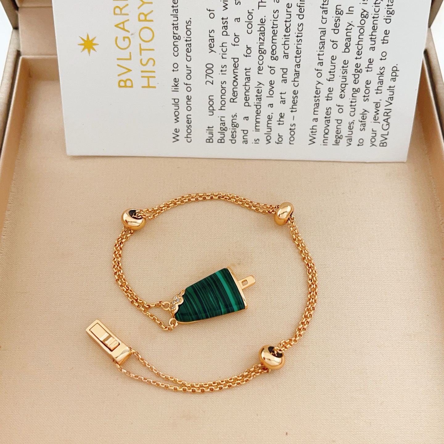 Bvlgari Gelati Popsicle bracelet Rose gold with green malachite and clear diamond accents 17-19cm adjustable
