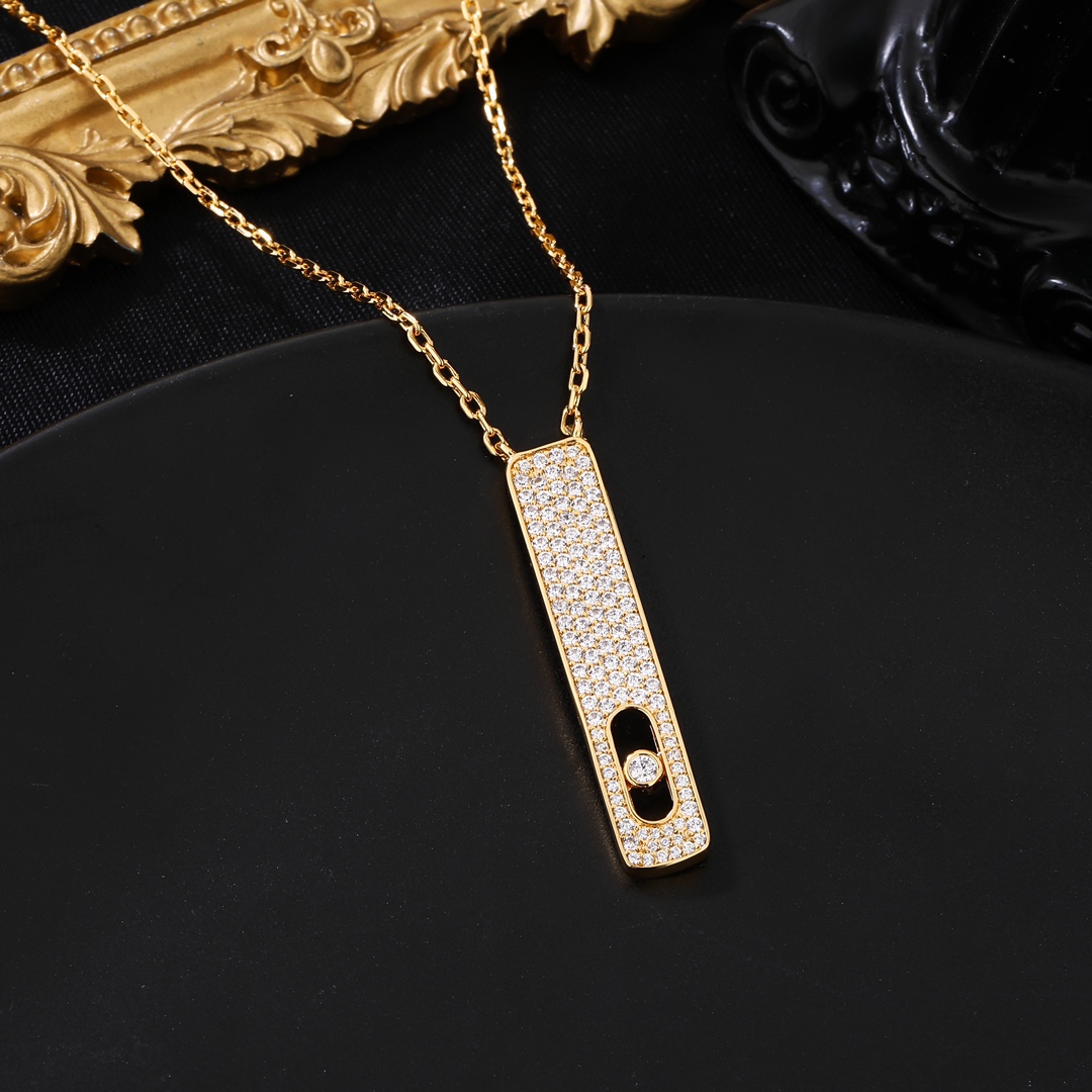 Messika My First Diamond Pave Vertical Bar Necklace necklace Yellow gold rose gold with clear pave diamonds and sliding diamond accent 45cm adjustable chain