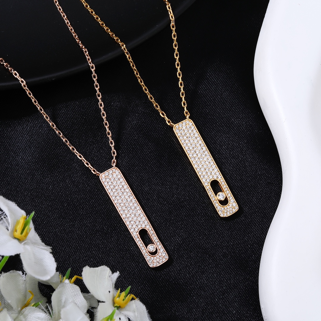 Messika My First Diamond Pave Vertical Bar Necklace necklace Yellow gold rose gold with clear pave diamonds and sliding diamond accent 45cm adjustable chain