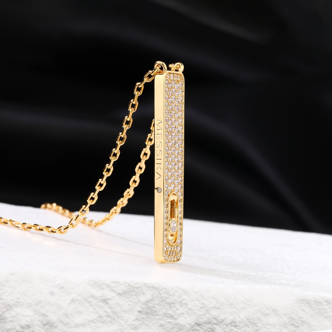 Messika My First Diamond Pave Vertical Bar Necklace necklace Yellow gold rose gold with clear pave diamonds and sliding diamond accent 45cm adjustable chain