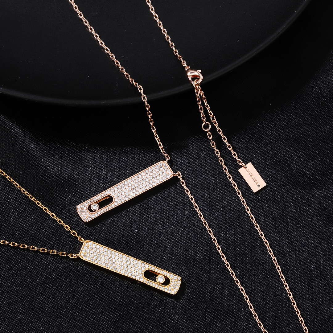 Messika My First Diamond Pave Vertical Bar Necklace necklace Yellow gold rose gold with clear pave diamonds and sliding diamond accent 45cm adjustable chain