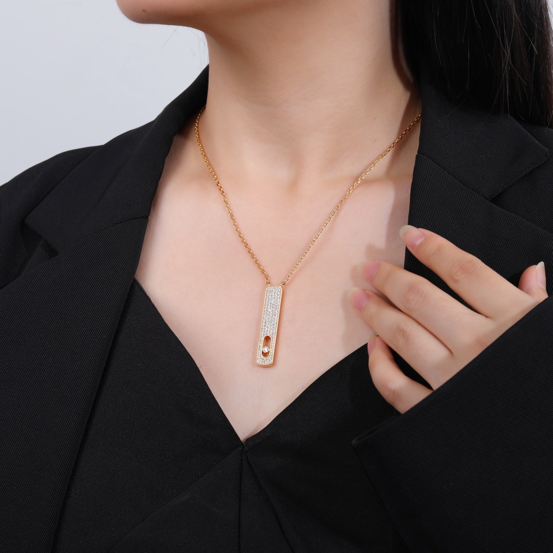 Messika My First Diamond Pave Vertical Bar Necklace necklace Yellow gold rose gold with clear pave diamonds and sliding diamond accent 45cm adjustable chain