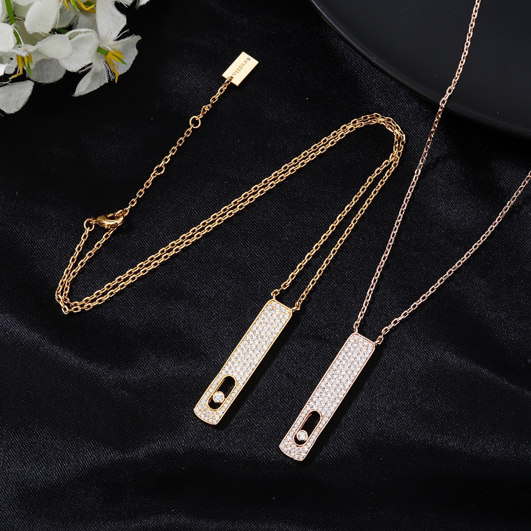 Messika My First Diamond Pave Vertical Bar Necklace necklace Yellow gold rose gold with clear pave diamonds and sliding diamond accent 45cm adjustable chain