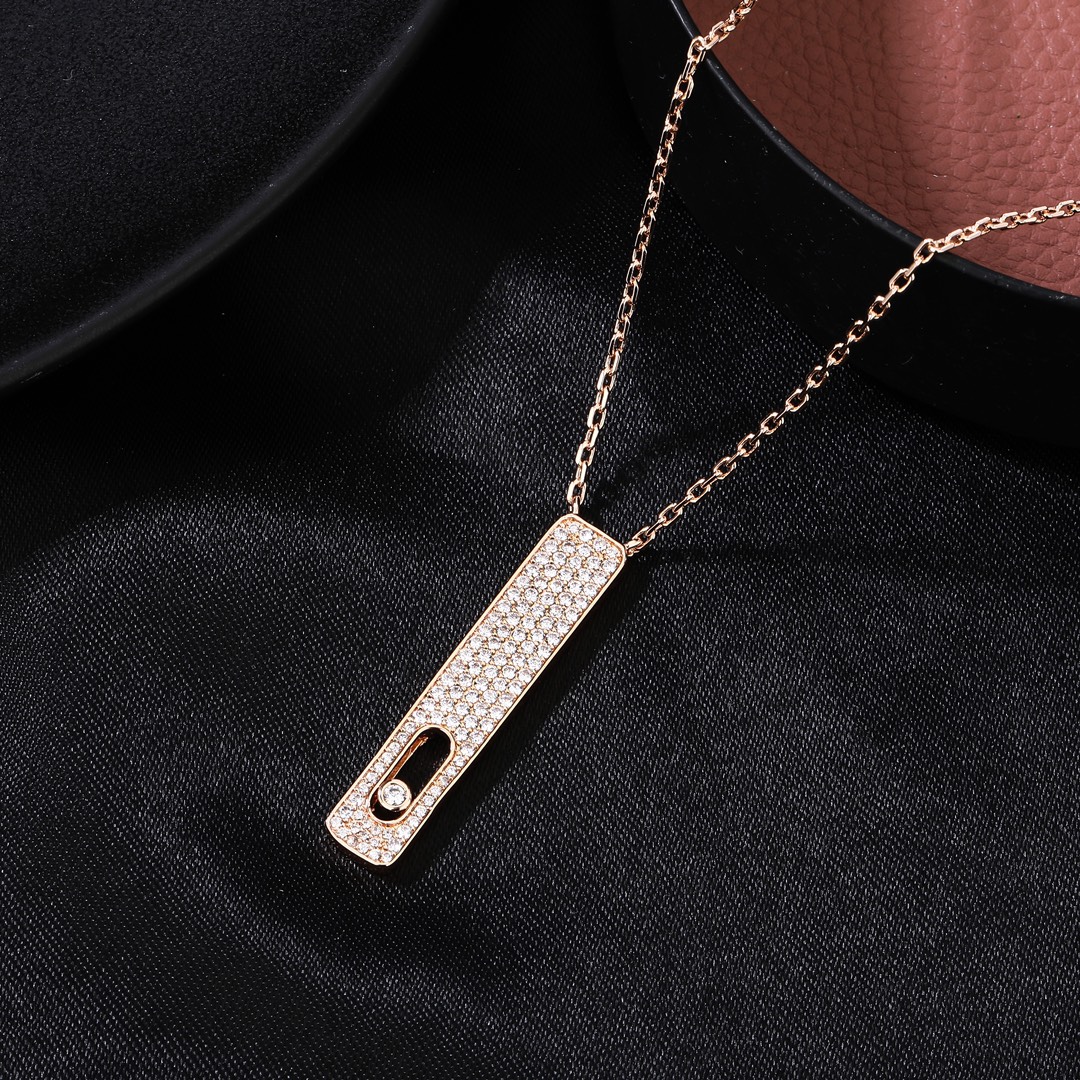 Messika My First Diamond Pave Vertical Bar Necklace necklace Yellow gold rose gold with clear pave diamonds and sliding diamond accent 45cm adjustable chain
