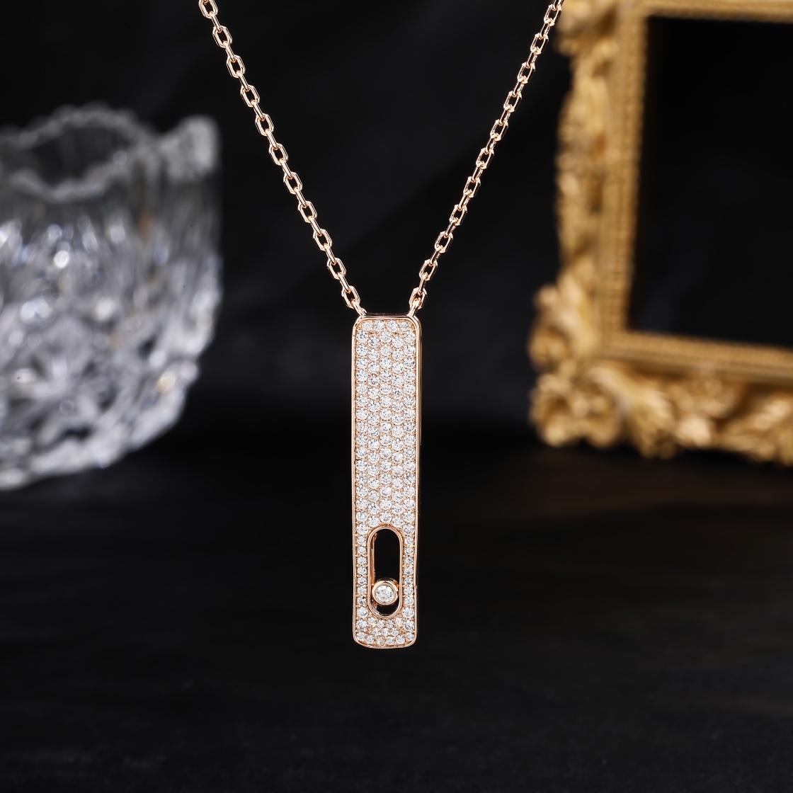 Messika My First Diamond Pave Vertical Bar Necklace necklace Yellow gold rose gold with clear pave diamonds and sliding diamond accent 45cm adjustable chain