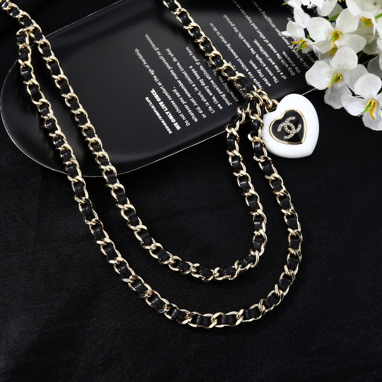 Chanel Goose Heart CC Pendant Waist Chain necklace Gold-tone metal black leather white resin heart pendant black enamel clear crystal accents 80cm with 10cm extender
