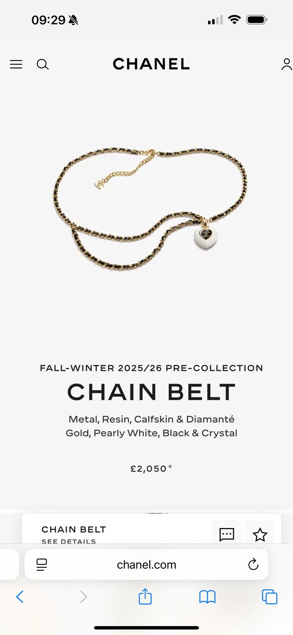 Chanel Goose Heart CC Pendant Waist Chain necklace Gold-tone metal black leather white resin heart pendant black enamel clear crystal accents 80cm with 10cm extender