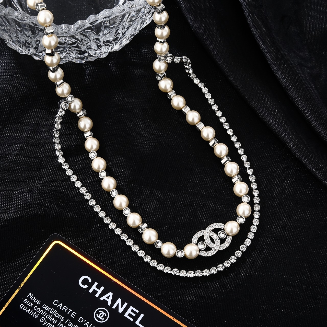 Chanel Goose necklace silver metal cream faux pearl clear crystal 80cm