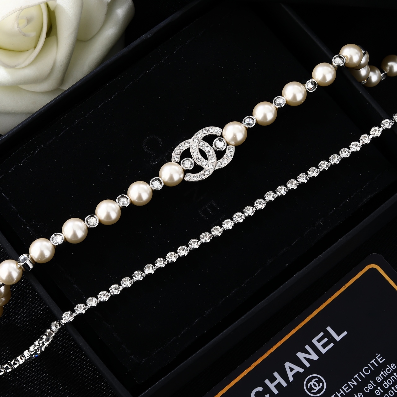 Chanel Goose necklace silver metal cream faux pearl clear crystal 80cm