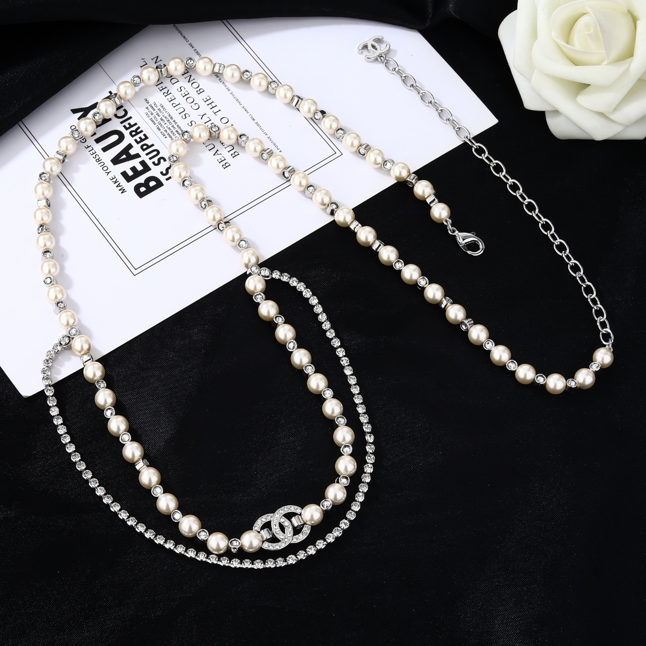 Chanel Goose necklace silver metal cream faux pearl clear crystal 80cm