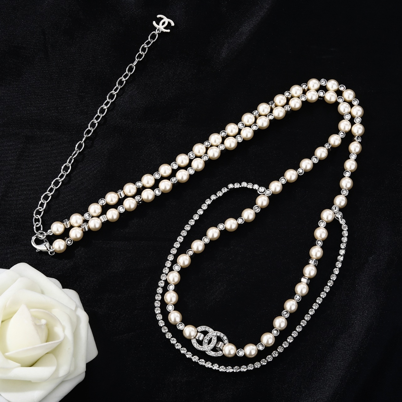 Chanel Goose necklace silver metal cream faux pearl clear crystal 80cm