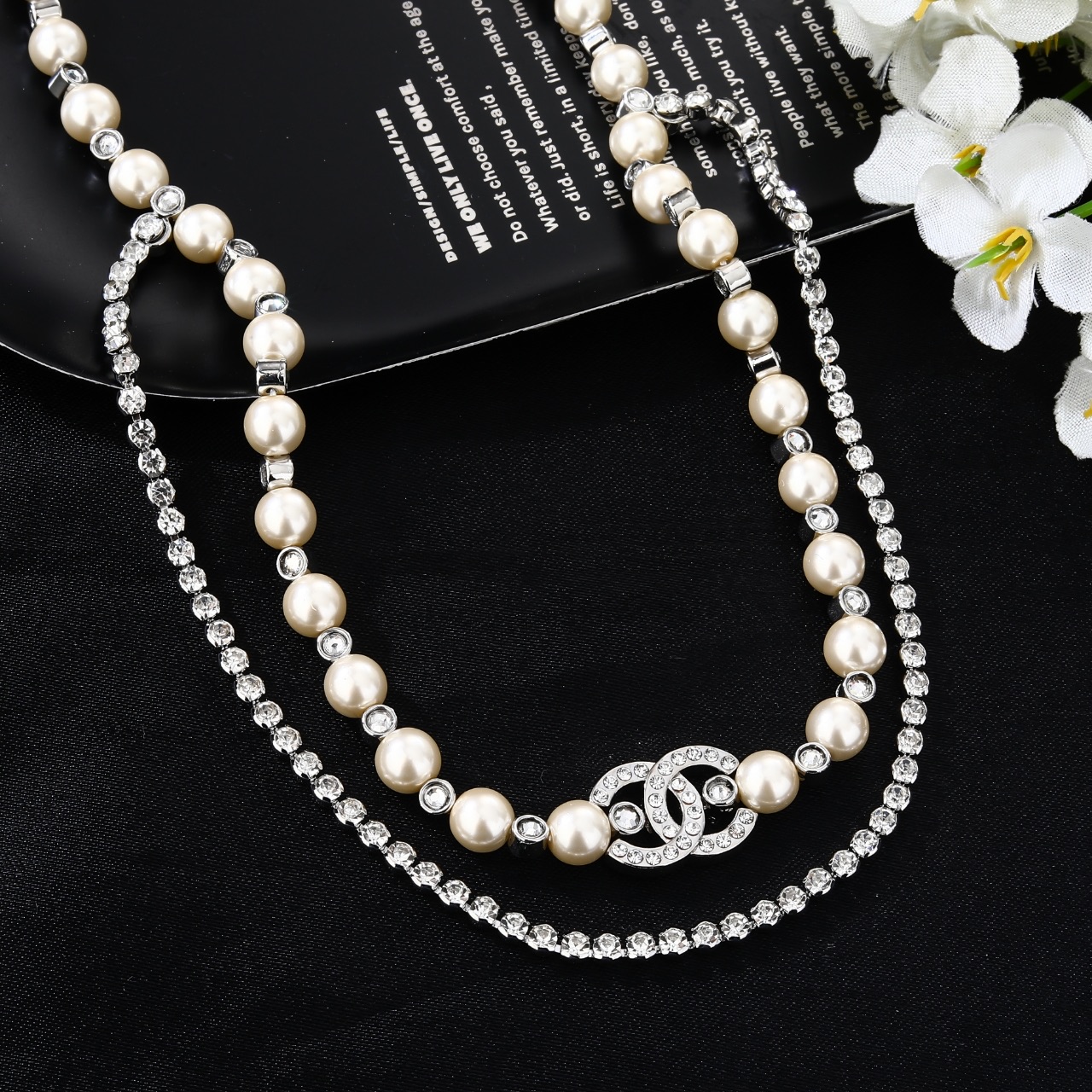 Chanel Goose necklace silver metal cream faux pearl clear crystal 80cm