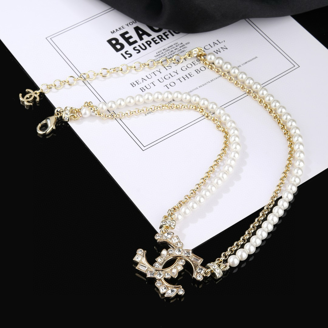 Chanel CC Crystal Pearl Choker necklace gold-tone metal white faux pearl clear crystal 40cm with 5cm extender