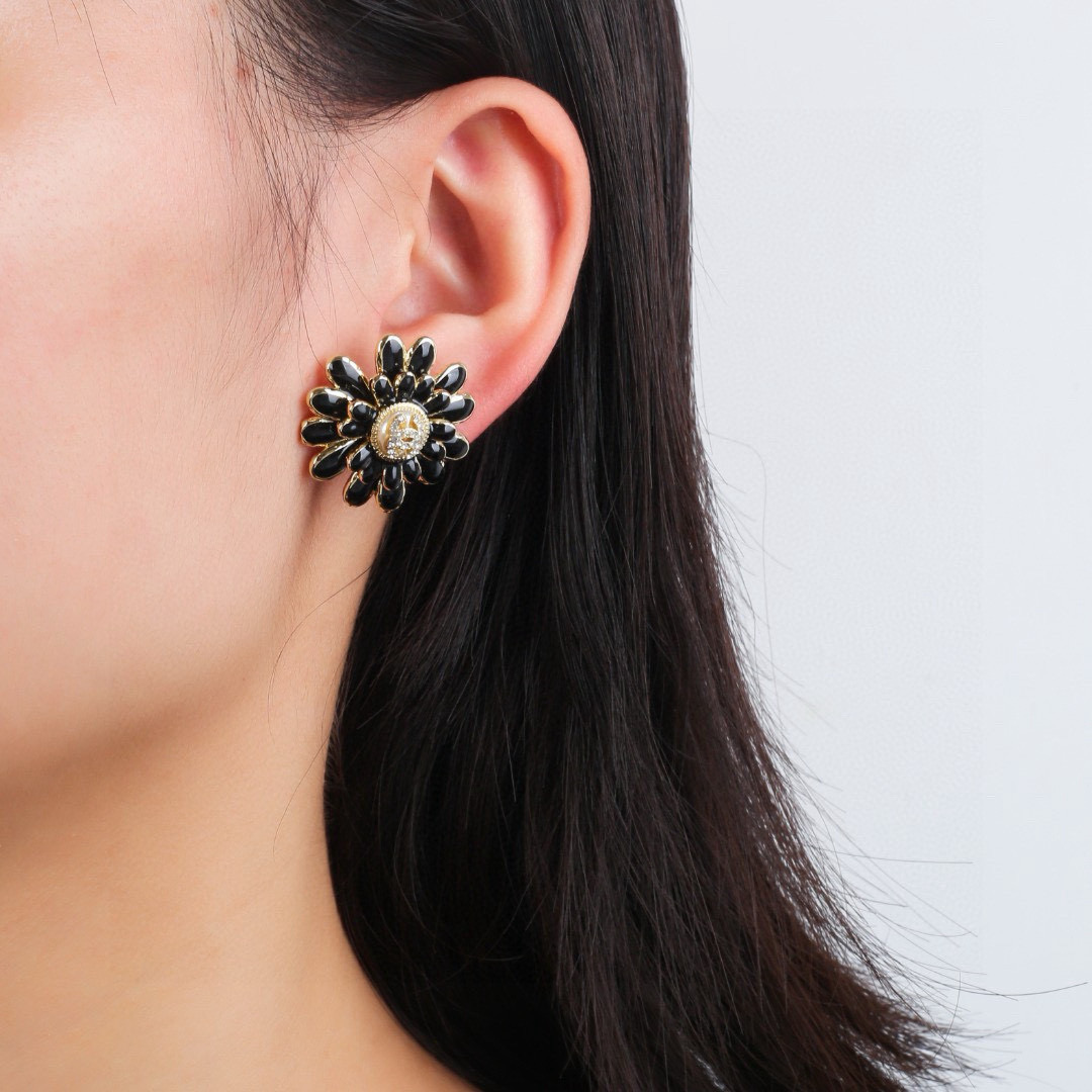 Chanel CC Daisy Stud Earrings earrings Gold-tone metal black enamel clear crystal accents faux pearl center detail 2 5cm diameter