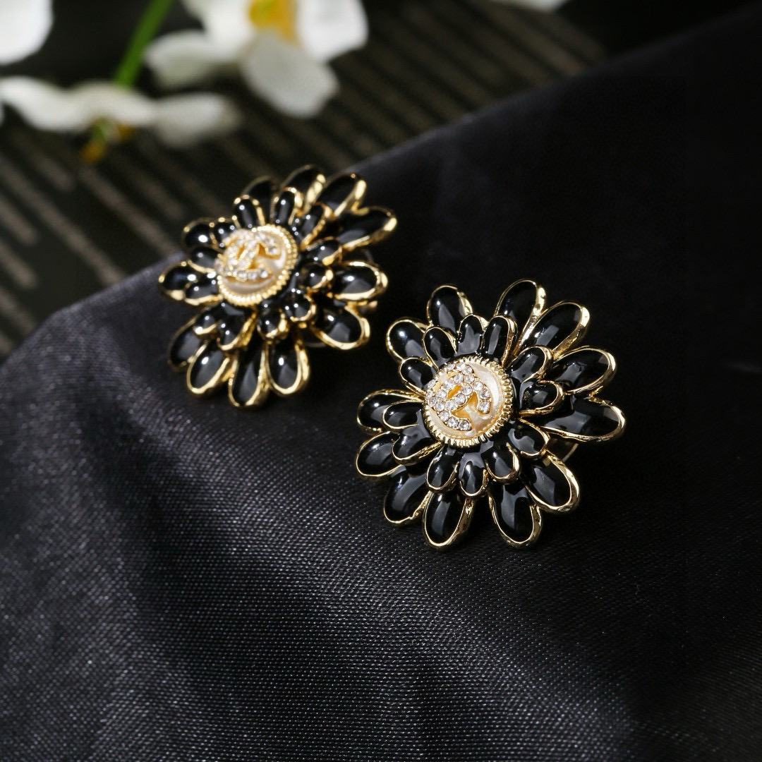 Chanel CC Daisy Stud Earrings earrings Gold-tone metal black enamel clear crystal accents faux pearl center detail 2 5cm diameter