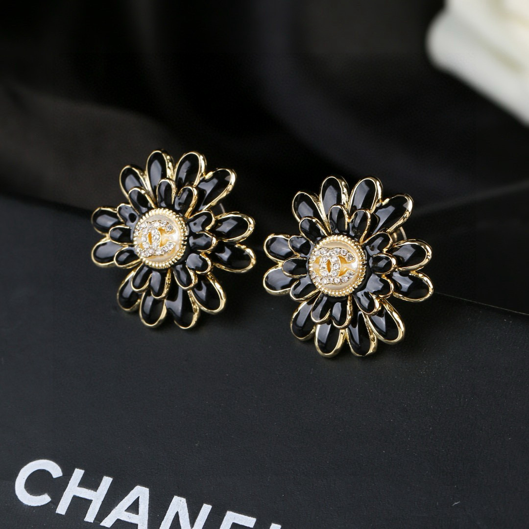Chanel CC Daisy Stud Earrings earrings Gold-tone metal black enamel clear crystal accents faux pearl center detail 2 5cm diameter