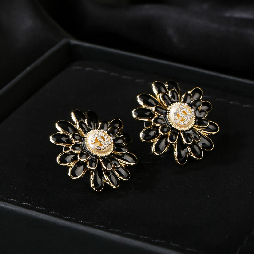 Chanel CC Daisy Stud Earrings earrings Gold-tone metal black enamel clear crystal accents faux pearl center detail 2 5cm diameter