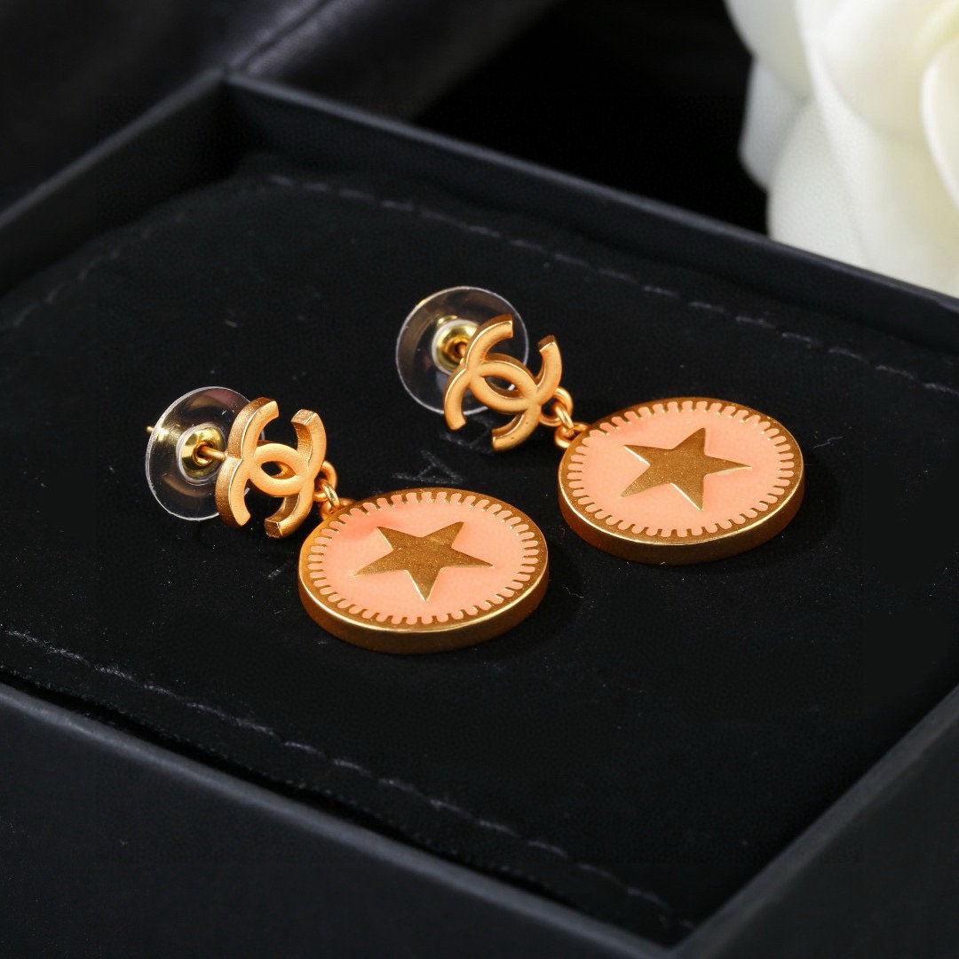 Chanel CC Logo Star Coin Drop Earrings earrings matte gold metal with peach enamel 2 5cm drop length