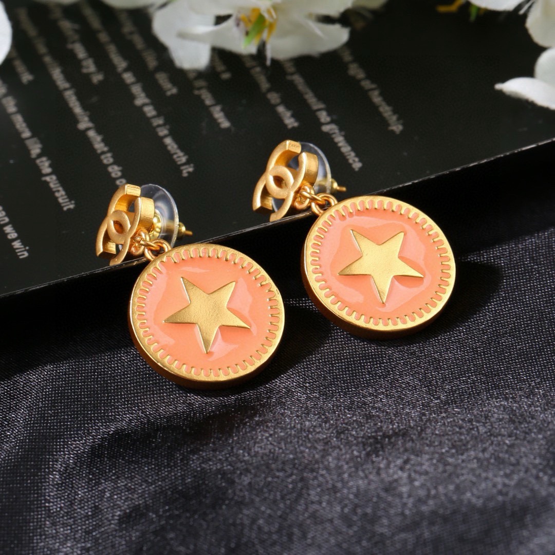 Chanel CC Logo Star Coin Drop Earrings earrings matte gold metal with peach enamel 2 5cm drop length