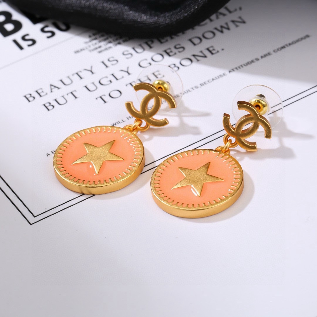 Chanel CC Logo Star Coin Drop Earrings earrings matte gold metal with peach enamel 2 5cm drop length