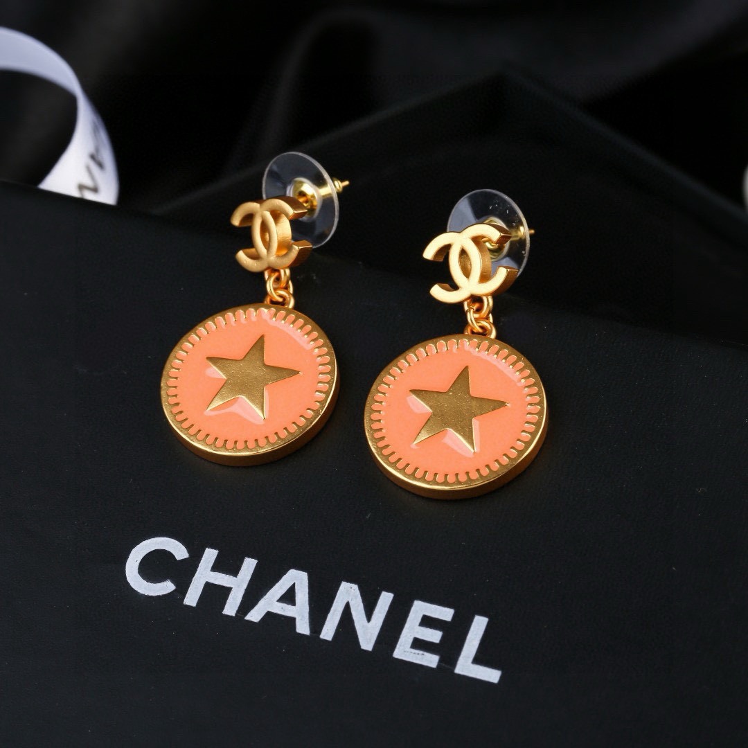 Chanel CC Logo Star Coin Drop Earrings earrings matte gold metal with peach enamel 2 5cm drop length