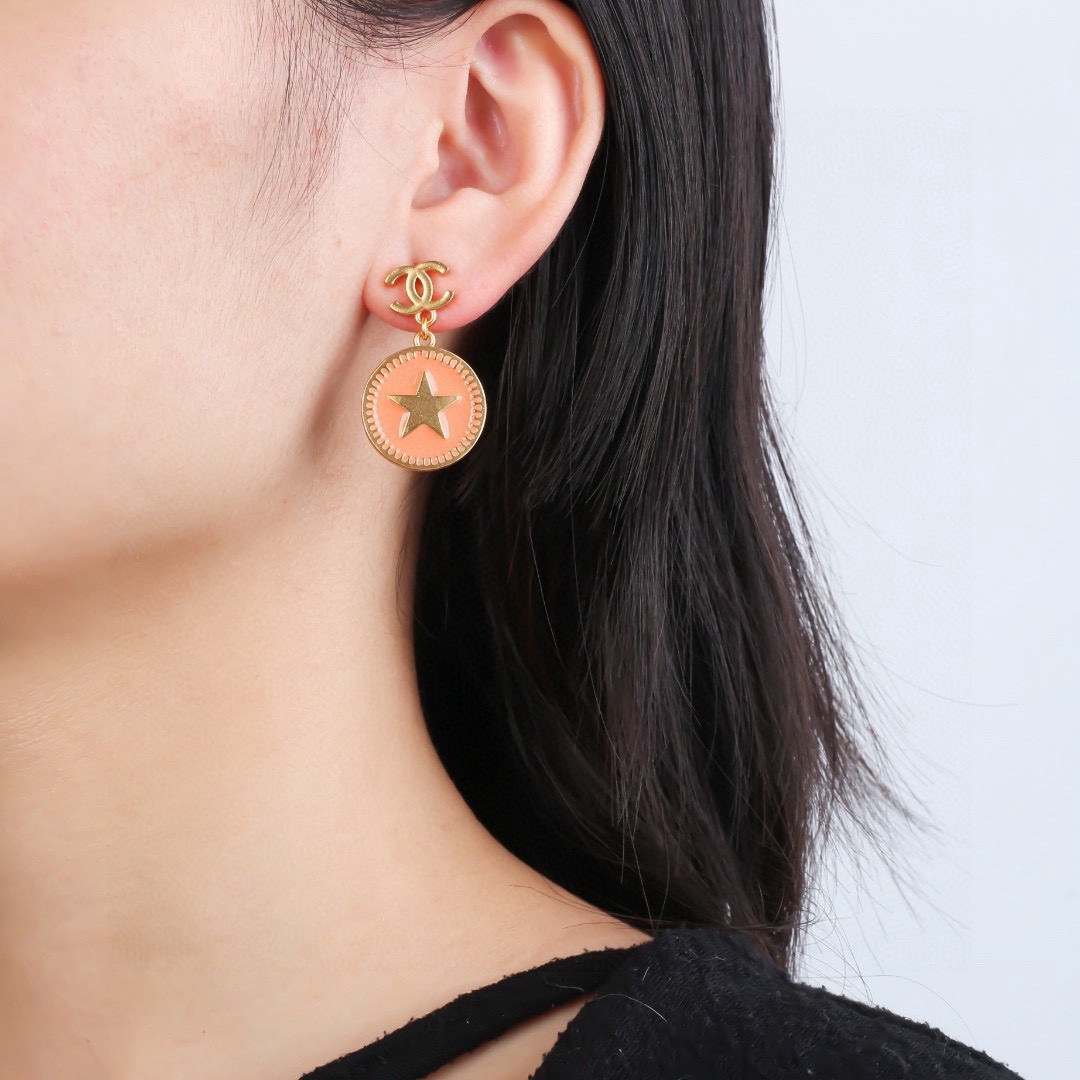 Chanel CC Logo Star Coin Drop Earrings earrings matte gold metal with peach enamel 2 5cm drop length