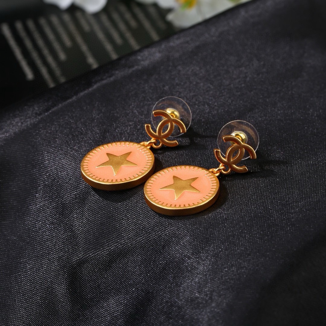 Chanel CC Logo Star Coin Drop Earrings earrings matte gold metal with peach enamel 2 5cm drop length