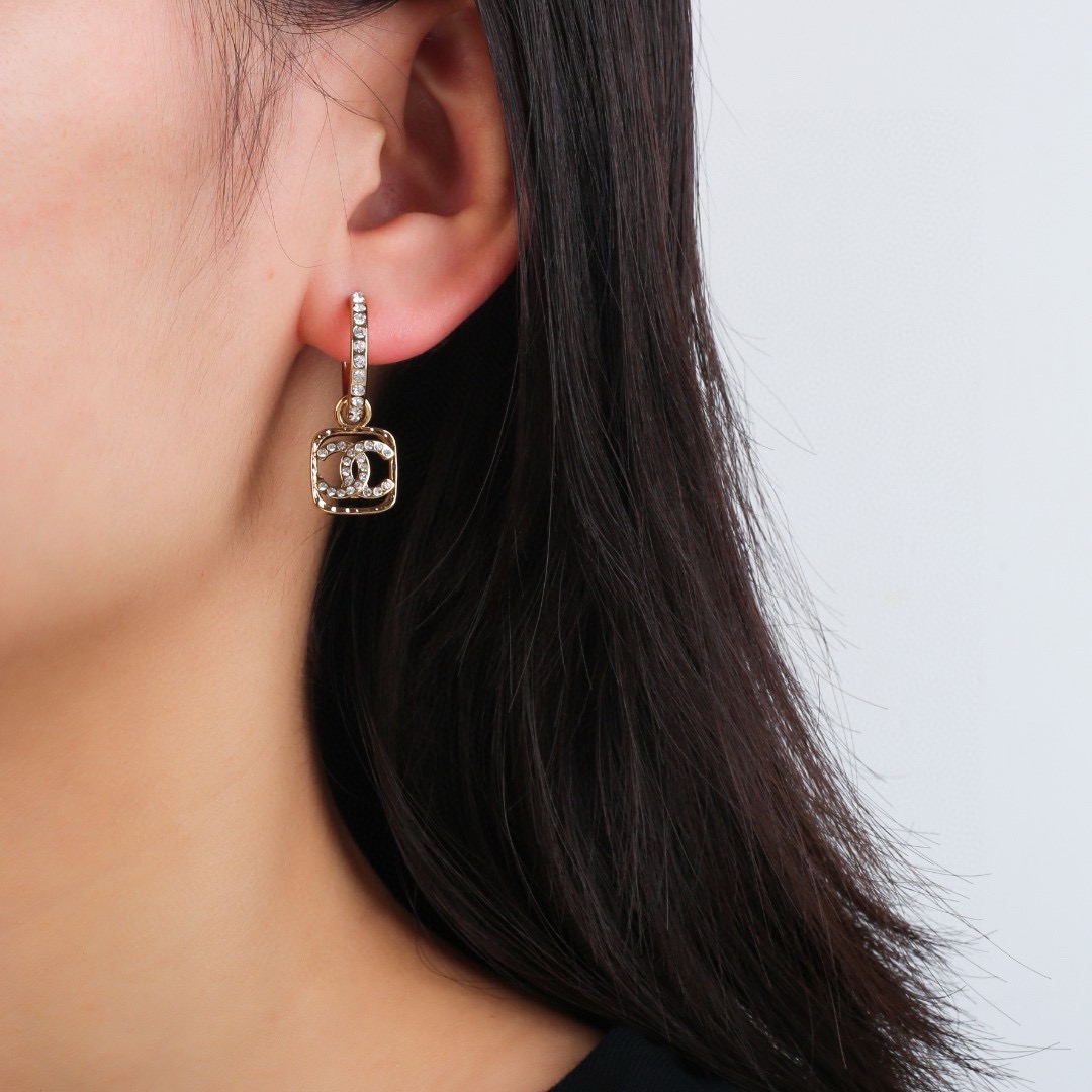 Chanel CC Square Crystal Drop Hoop Earrings earrings gold-tone metal with clear crystal accents 1 5cm drop length