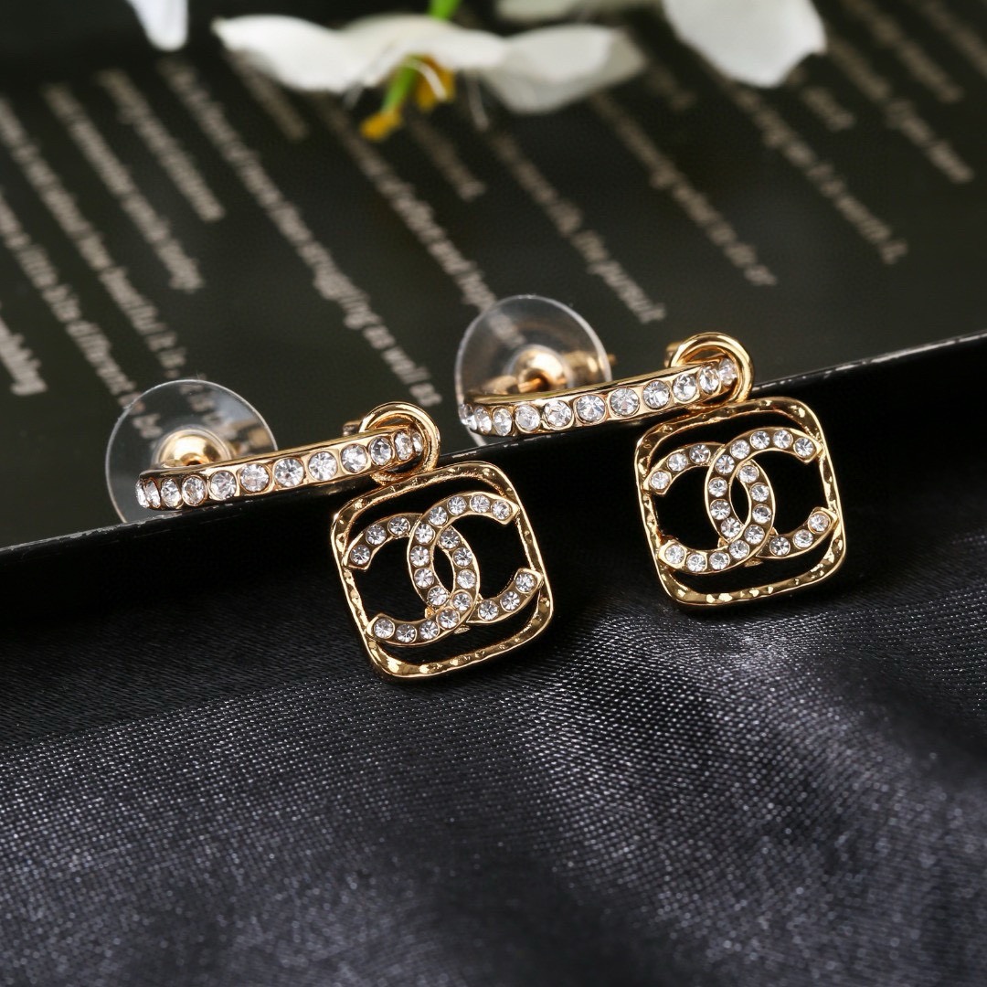 Chanel CC Square Crystal Drop Hoop Earrings earrings gold-tone metal with clear crystal accents 1 5cm drop length