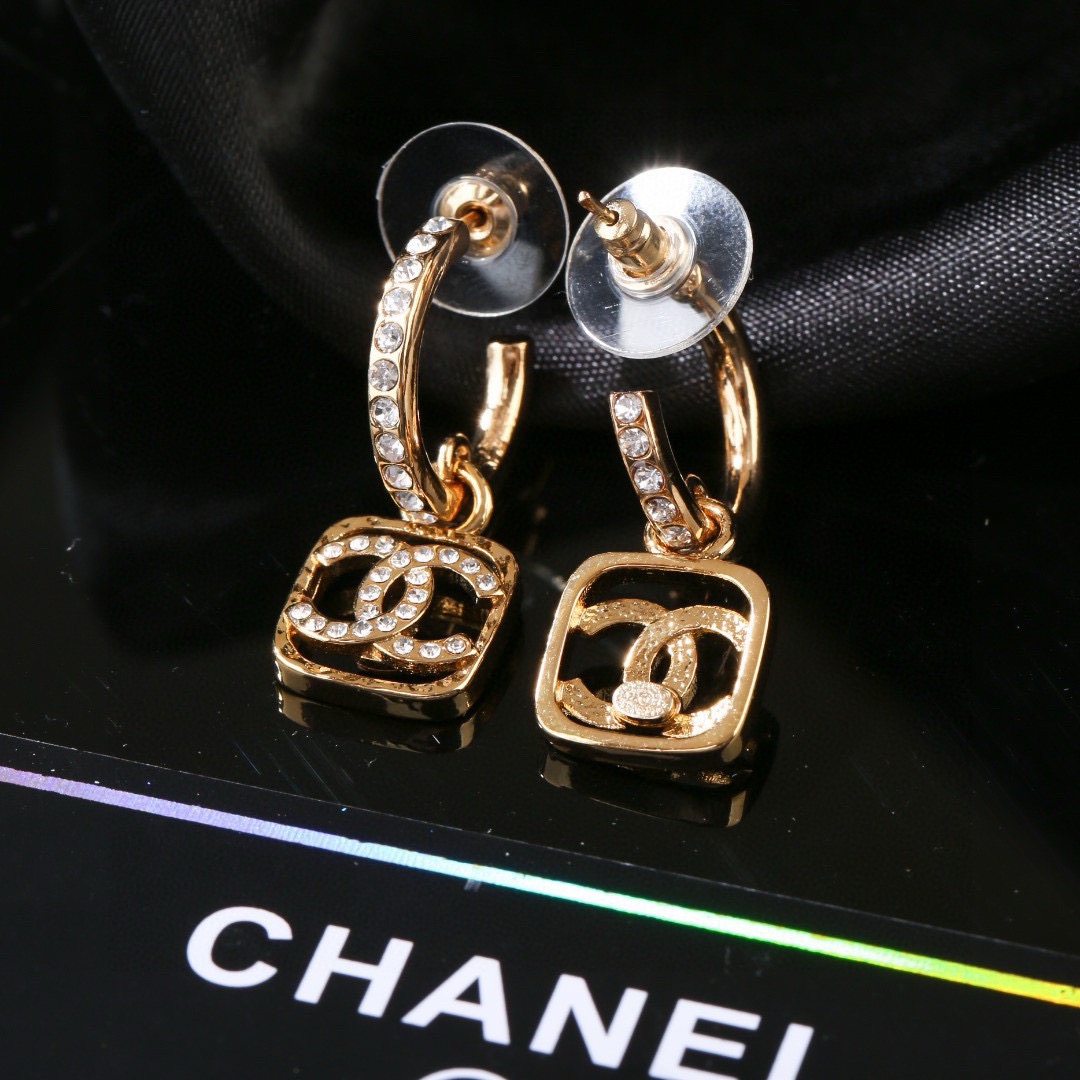 Chanel CC Square Crystal Drop Hoop Earrings earrings gold-tone metal with clear crystal accents 1 5cm drop length