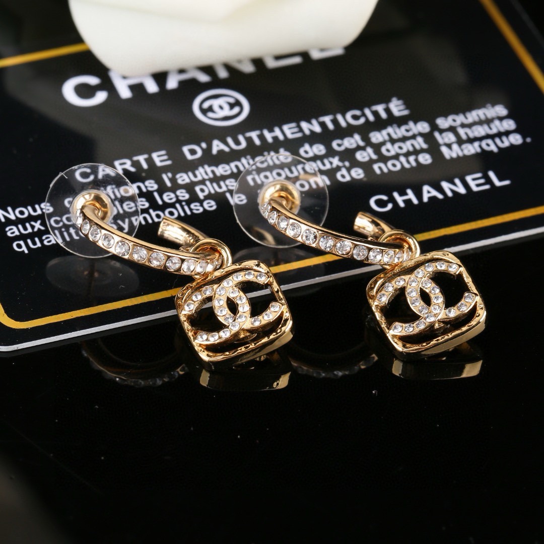 Chanel CC Square Crystal Drop Hoop Earrings earrings gold-tone metal with clear crystal accents 1 5cm drop length