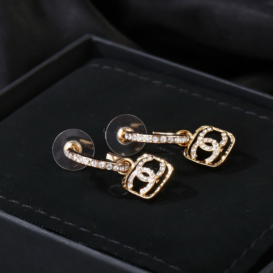 Chanel CC Square Crystal Drop Hoop Earrings earrings gold-tone metal with clear crystal accents 1 5cm drop length