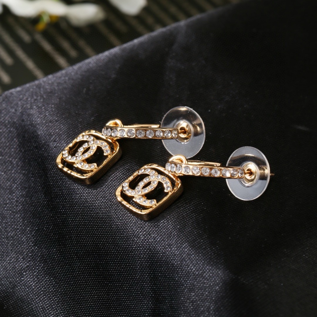 Chanel CC Square Crystal Drop Hoop Earrings earrings gold-tone metal with clear crystal accents 1 5cm drop length