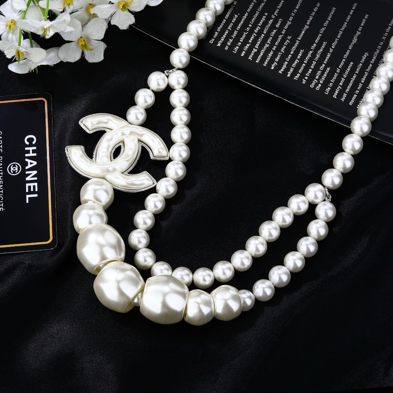 Chanel Goose CC Pearl Waist Chain necklace silver-tone metal white faux pearl 80cm adjustable