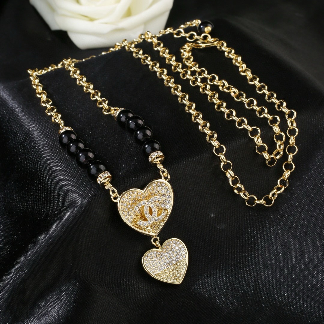 Chanel CC Double Heart Black Bead Pendant Necklace necklace Gold-tone metal black beads clear crystal pave 60cm