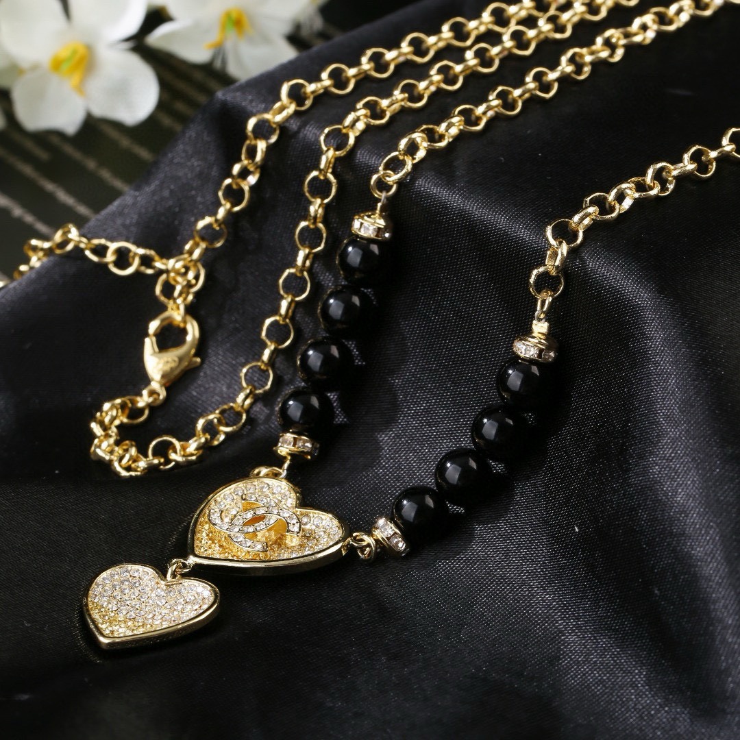 Chanel CC Double Heart Black Bead Pendant Necklace necklace Gold-tone metal black beads clear crystal pave 60cm