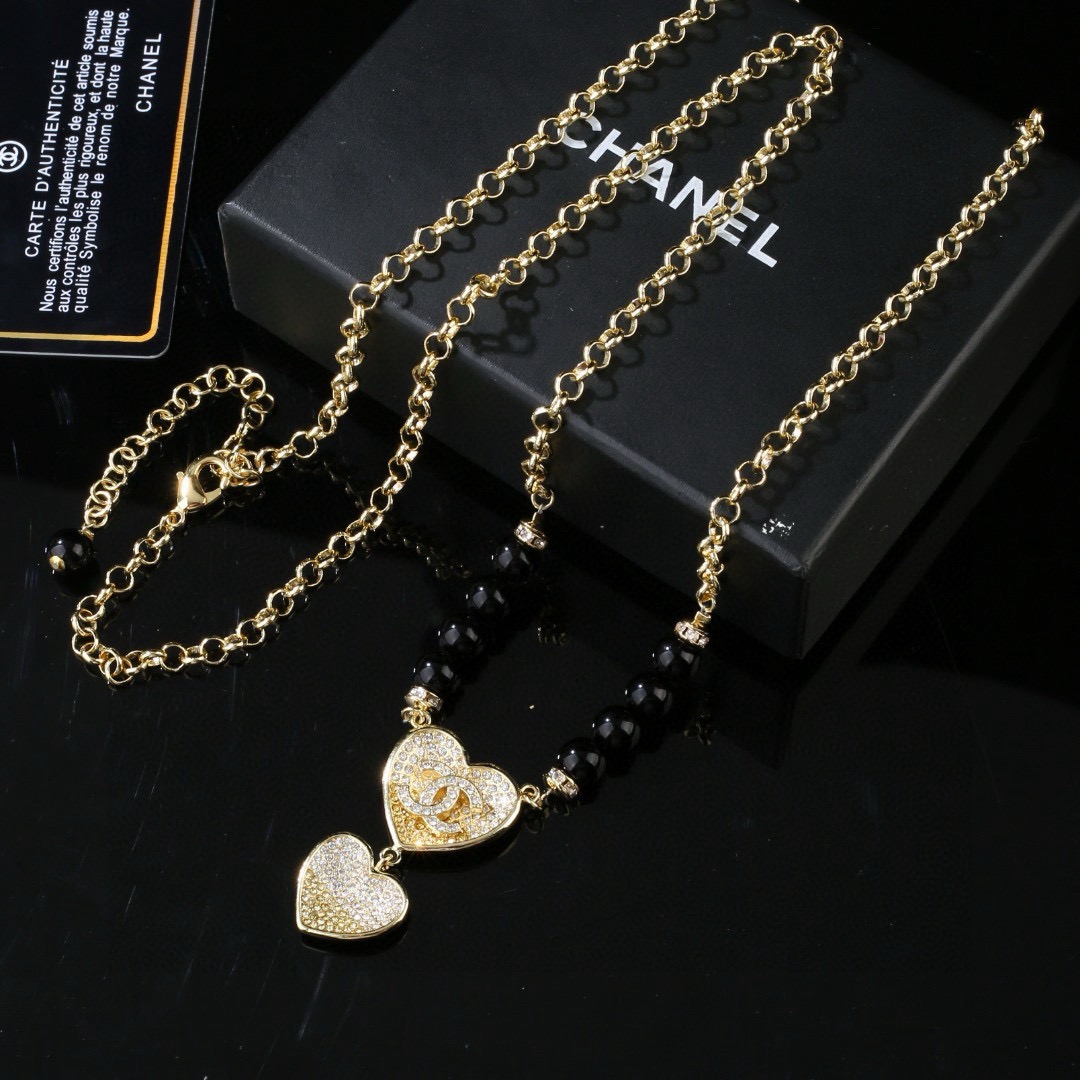 Chanel CC Double Heart Black Bead Pendant Necklace necklace Gold-tone metal black beads clear crystal pave 60cm