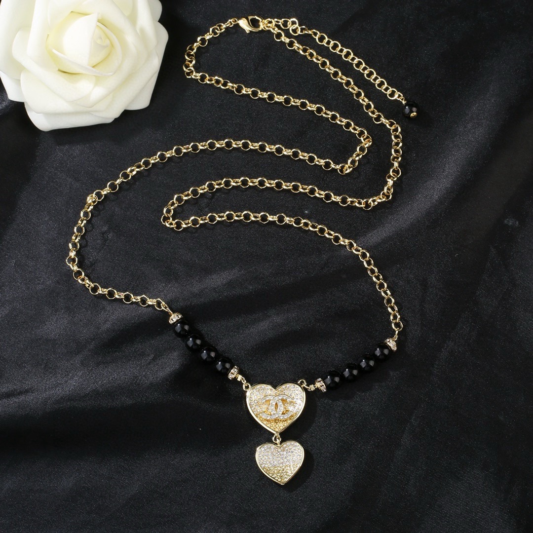 Chanel CC Double Heart Black Bead Pendant Necklace necklace Gold-tone metal black beads clear crystal pave 60cm
