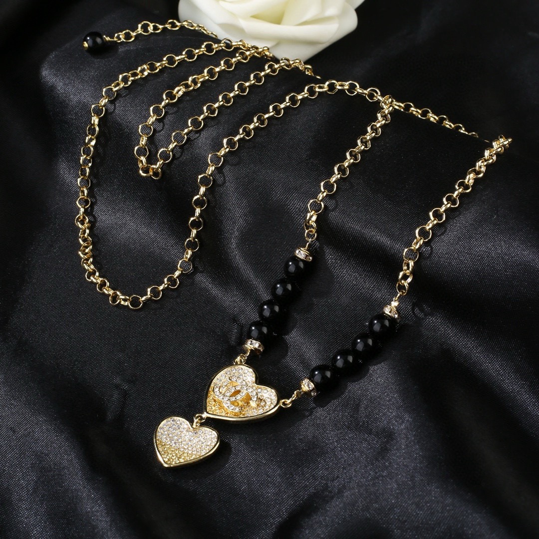 Chanel CC Double Heart Black Bead Pendant Necklace necklace Gold-tone metal black beads clear crystal pave 60cm