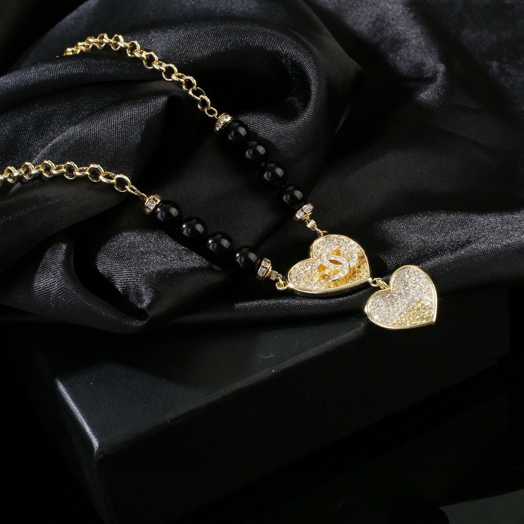 Chanel CC Double Heart Black Bead Pendant Necklace necklace Gold-tone metal black beads clear crystal pave 60cm