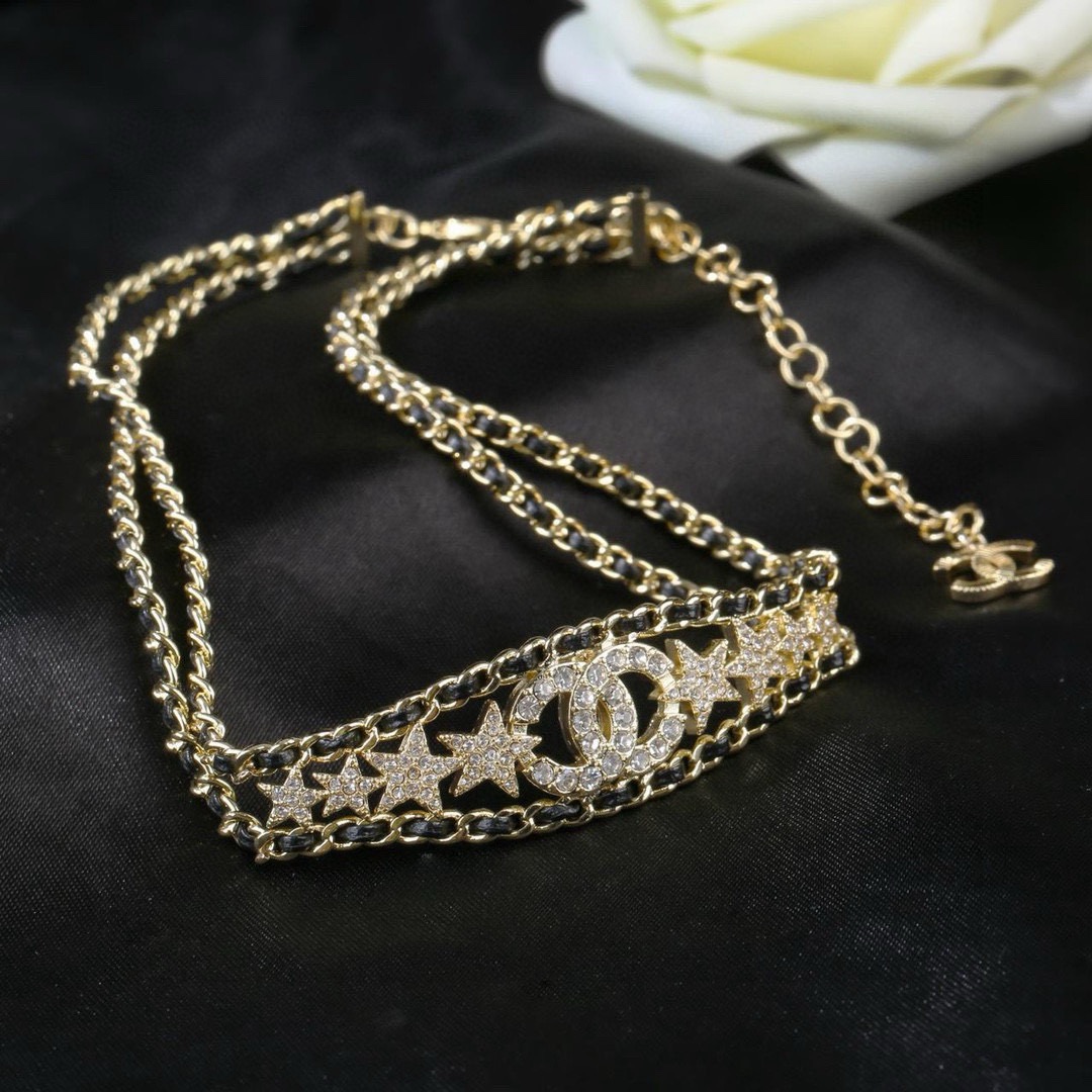 Chanel CC Star Crystal Leather Woven Choker necklace gold tone metal black leather clear crystal 36cm with 6cm extender